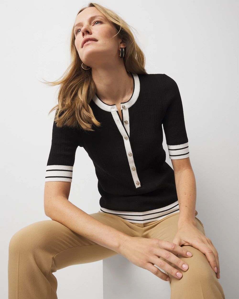 Ellen Henley Sweater in Beige with White Stripes